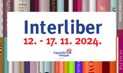 Plakat za sajam knjiga Interliber, s datumom održavanja od 12. do 17. studenog 2024. godine. Riječ "Interliber" napisana je plavim slovima, a datum crvenim. Ispod datuma nalazi se logotip Zagrebačkog Velesajma. U pozadini su prikazani hrbati knjiga različitih boja, što simbolizira tematski sadržaj sajma.