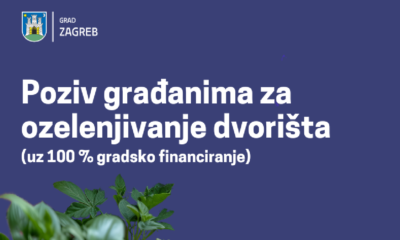 Plakat na tamnoplavoj pozadini s bijelim tekstom: 'Poziv građanima za ozelenjivanje dvorišta (uz 100 % gradsko financiranje).' U gornjem lijevom kutu nalazi se grb Grada Zagreba s natpisom 'Grad Zagreb.' Na dnu plakata prikazane su ilustracije zelenih biljaka koje simboliziraju temu ozelenjivanja.