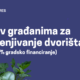 Plakat na tamnoplavoj pozadini s bijelim tekstom: 'Poziv građanima za ozelenjivanje dvorišta (uz 100 % gradsko financiranje).' U gornjem lijevom kutu nalazi se grb Grada Zagreba s natpisom 'Grad Zagreb.' Na dnu plakata prikazane su ilustracije zelenih biljaka koje simboliziraju temu ozelenjivanja.