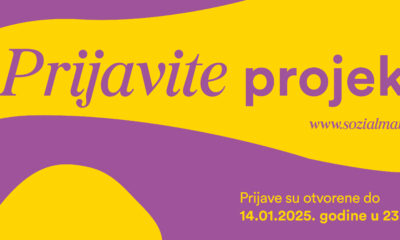 Fotografija prikazuje natpis "Prijavite projekt!" na žuto-ljubičastoj pozadini. Na slici se također nalazi web adresa www.sozialmarie.org.U donjem desnom kutu piše: "Prijave su otvorene do 14.01.2025. godine u 23:55 sati."