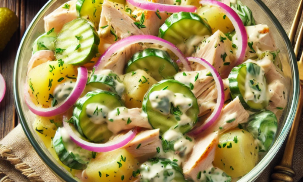 Fotografija prikazuje zdjelu salate koja sadrži komade piletine, kriške krastavaca, kolutove crvenog luka, krumpir i preljev od majoneze ili jogurta s nasjeckanim začinskim biljem. Salata je smještena na drvenom stolu, a u pozadini se vide zdjelica s paprom i nekoliko kiselih krastavaca. Jelo izgleda svježe i ukusno, idealno za lagani obrok.