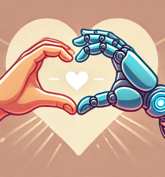 Grafička ilustracija ljudske ruke i robotske ruke koje zajedno tvore oblik srca na svjetloj pozadini s ilustriranim srcem u sredini.