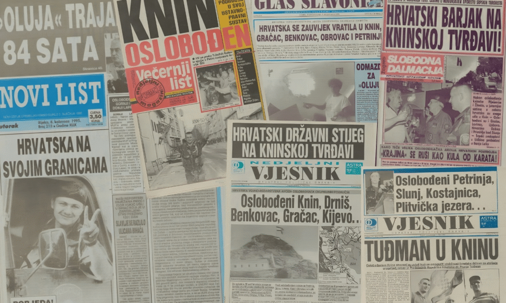 Kolaž naslovnica hrvatskih dnevnih novina iz kolovoza 1995. godine koje prikazuju povijesne trenutke Vojno-redarstvene operacije "Oluja" i oslobođenje Knina. Naslovi uključuju izraze poput „Knin oslobođen“, „Hrvatski barjak na kninskoj tvrđavi“ i „Hrvatska na svojim granicama“, uz fotografije vojnika i ratnih prizora. Dominantne su boje crvena, crna i plava, s istaknutim riječima poput „pobjeda“, „oslobođenje“ i „državni stijeg“.