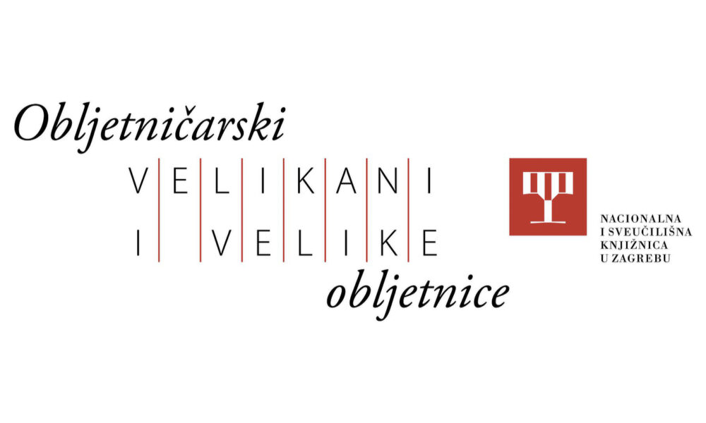 Minimalistički dizajn s bijelom pozadinom na kojem se nalazi natpis "Obljetničarski velikani i velike obljetnice" u elegantnoj tipografiji. Desno je logotip Nacionalne i sveučilišne knjižnice u Zagrebu u crvenoj boji s prepoznatljivim simbolom u obliku otvorene knjige ili stabla znanja.
