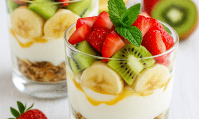 Opis deserta: U staklenim čašama slojevito su poslagani sastojci: Na dnu se nalazi granola ili drobljeni keksi, stvarajući hrskavi temelj. Slijedi sloj kremastog grčkog jogurta pomiješanog s medom, koji daje blag i slatkast okus. Na vrhu jogurta su svježe voćne dekoracije: kolutići banane, komadići kivija i četvrtine jagoda. Desert je osvježen s nekoliko kapi limunovog soka. Za završni dodir, ukrašen je listićima svježe mente, koji dodaju boju i miris. Cijeli desert zrači svježinom, a njegova raznobojna kombinacija sastojaka čini ga i vizualno privlačnim.