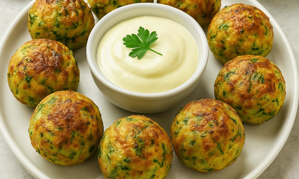 Na fotografiji je bijeli tanjur na kojem je složeno osam zlatno-pečenih kuglica od tikvica, raspoređenih u krug oko zdjelice s kremastim bijelim umakom, ukraćenim listićem peršina. Kuglice izgledaju hrskavo izvana, s vidljivim zelenim komadićima peršina i tikvica, a u pozadini se nalaze kriške sirove tikvice i zdjelica sa svježim peršinom. Sve je postavljeno na svijetloj podlozi, stvarajući svjež i apetitlih dojam.