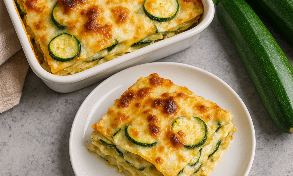 Na slici se nalazi primamljiv tanjur neobičnih lazanja s tikvicama i sirom. U prednjem planu je četvrtasti komad lazanja na bijelom tanjuru, gdje se jasno vide slojevi tanke tjestenine, zelenih kriški tikvica i bogatog rastopljenog sira. Površina lazanja je zapečena do zlatno-smeđe boje, s mjehurićima i hrskavim rubovima koji dodaju teksturalnu privlačnost.