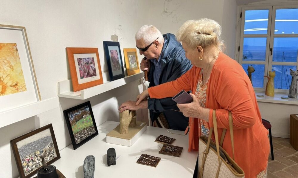 Na ovoj fotografiji vidi se elegantan prostor galerije ili muzeja s pogledom na more. Zid krasi niz umjetničkih slika u različitim okvirima, dok su na polici ispod njih izloženi razni predmeti—od skulptura do mozaika, svaki sa svojim jedinstvenim šarmom.
