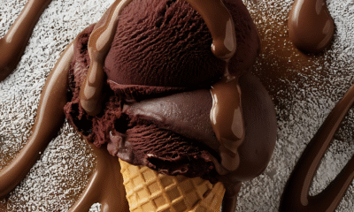 Sladoled je tamno smeđe boje, najvjerojatnije čokoladni, s dodatnim čokoladnim preljevom koji se lijepo sjaji. Kornet je svijetlosmeđ, s klasičnim rešetkastim uzorkom. Pozadina je zanimljiva: površina na kojoj leži sladoled djeluje kao radna ploha posuta šećerom u prahu, s razlivenim tragovima čokoladnog preljeva — gotovo kao da se sladoled pripremao za umjetničku fotografiju ili reklamu. 🍦 Cijela scena izgleda kao iz gurmanskog časopisa — spoj tekstura i boja koje bude apetit.