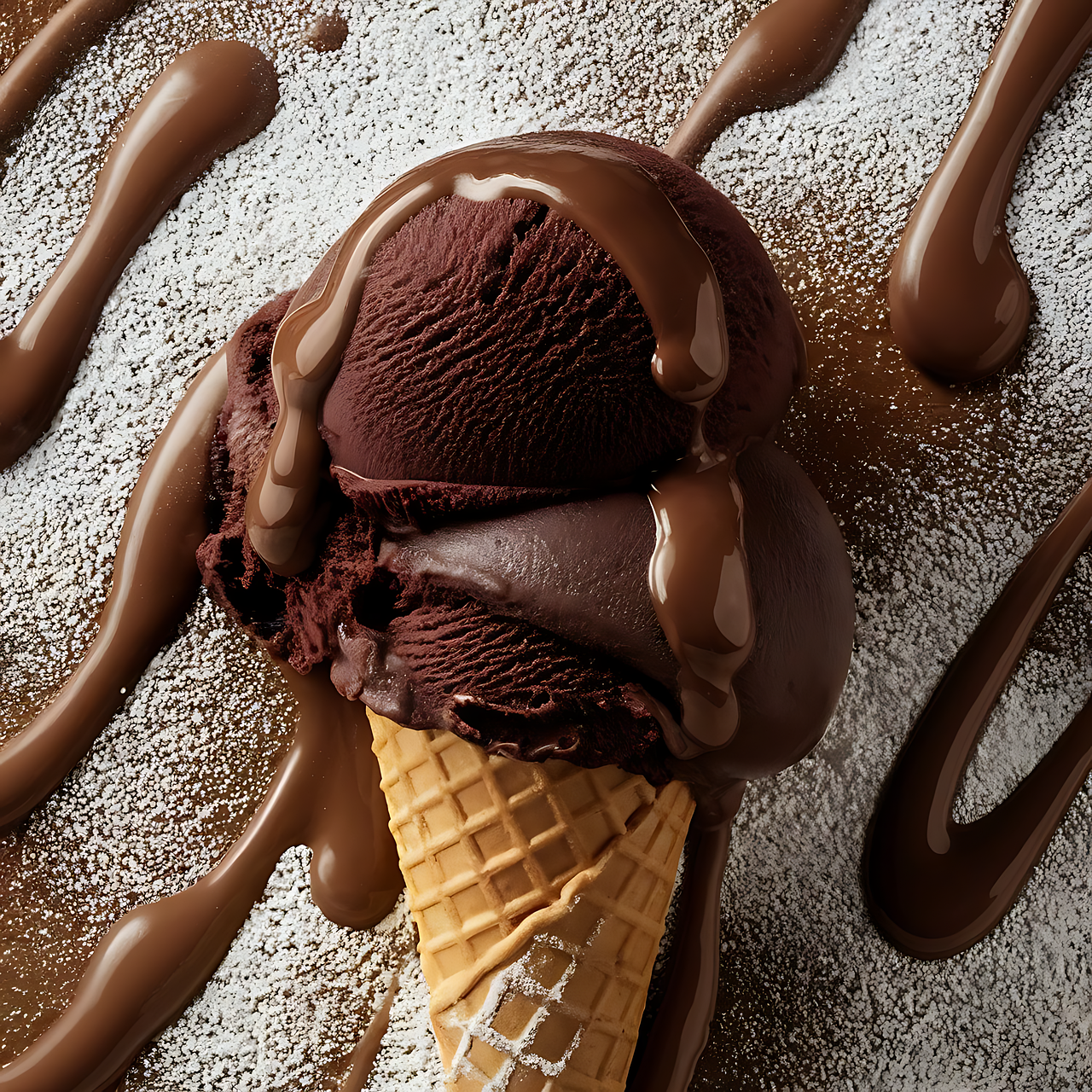 Sladoled je tamno smeđe boje, najvjerojatnije čokoladni, s dodatnim čokoladnim preljevom koji se lijepo sjaji. Kornet je svijetlosmeđ, s klasičnim rešetkastim uzorkom. Pozadina je zanimljiva: površina na kojoj leži sladoled djeluje kao radna ploha posuta šećerom u prahu, s razlivenim tragovima čokoladnog preljeva — gotovo kao da se sladoled pripremao za umjetničku fotografiju ili reklamu. 🍦 Cijela scena izgleda kao iz gurmanskog časopisa — spoj tekstura i boja koje bude apetit.