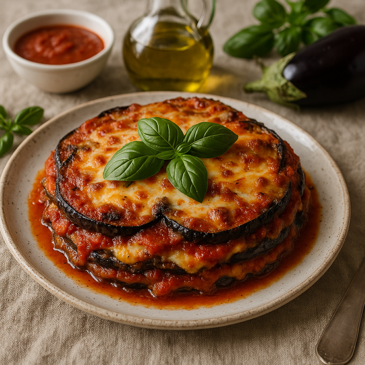 Na fotografiji je prikazana savršeno pripremljena Parmigiana di melanzane, složenac od patlidžana, rajčice i sira. Jelo je slojevito posloženo na bijelom tanjuru, s vidljivim krugovima pečenih patlidžana koji su prekriveni zapečenim sirom i bogatim umakom od rajčice. Površina složenca lijepo je zapečena do zlatnosmeđe boje, a na vrhu se nalazi svježi listić bosiljka koji daje dodatnu svježinu i dekorativnu notu. U pozadini se nalaze bočica maslinovog ulja, svježi patlidžan, grančice bosiljka i zdjelica s umakom od rajčice, što dodatno ističe sastojke korištene u pripremi jela. Cijela scena djeluje toplo i rustikalno, s naglaskom na mediteransku kuhinju i domaću atmosferu.