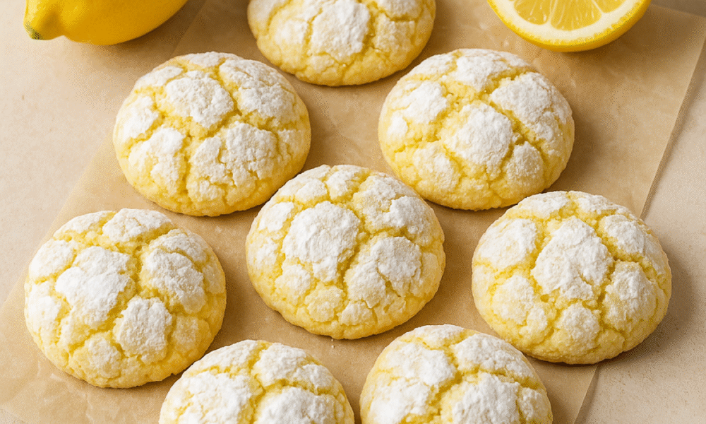 Na fotografiji se nalazi osam limun keksića raspucanaca, raspoređenih na komadu smeđeg papira za pečenje. Keksići su okruglog oblika, nepravilne teksture, s jasno vidljivim pukotinama kroz koje proviruje zlatnožuta boja. Prekriveni su bijelim šećerom u prahu, što im daje izgled snježne kore. S lijeve strane slike nalazi se cijeli limun sjajne kore, a u gornjem desnom kutu – kriška limuna s vidljivim sočnim unutrašnjim dijelom i segmentima. Papir za pečenje ima blago naboranu površinu, a sve je smješteno na neutralnoj bež podlozi nalik kamenu ili betonu. Svjetlost je mekana i difuzna, pa se lagano sjenčanje vidi ispod keksića i limuna, stvarajući prirodan i topao dojam. Ukupna paleta boja je skladna – limun žuti tonovi fino se slažu s nijansama bež i bijelom od šećera.