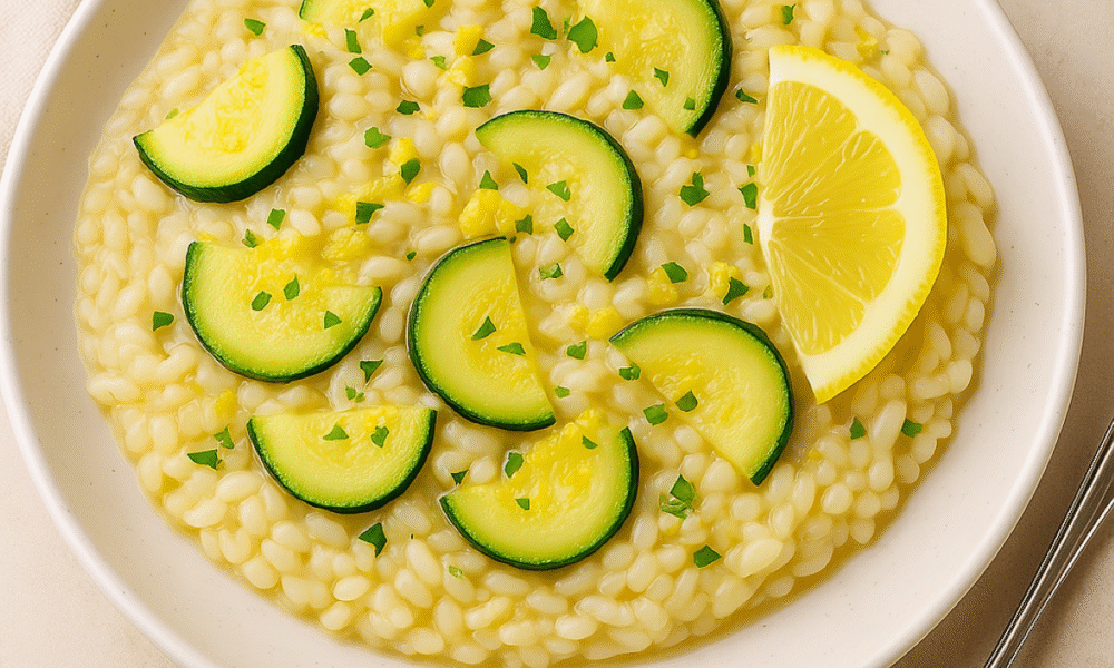 Na fotografiji se nalazi tanjur s brzim ljetnim rižotom od tikvica i limuna, serviran na elegantnom bijelom tanjuru. Rižoto izgleda kremasto, a zrna riže su savršeno kuhana – zadržavaju oblik, ali djeluju mekano i sočno. Po površini su ravnomjerno raspoređeni polumjeseci mladih tikvica, blago kuhanih tako da su zadržale svježinu i boju. U sredini tanjura nalazi se trokut svježe limunove kriške, koji daje jelu svjež i živahan izgled. Jelo je posuto sitno nasjeckanim peršinom ili vlascem, što dodatno pojačava dojam svježine. Boje jela su nježne i ljetne: blaga žućkasto-bijela baza rižota, svijetlozelene tikvice, i žuti limun kao akcent. U kutu kadra nalazi se vilica, a tanjur je smješten na svijetloj, neutralnoj podlozi uz rub bež salvete – sve skupa djeluje prirodno, čisto i poziva na prvi zalogaj.