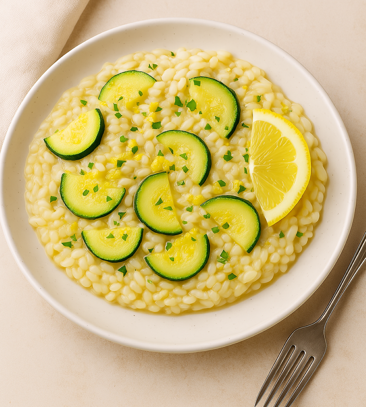 Na fotografiji se nalazi tanjur s brzim ljetnim rižotom od tikvica i limuna, serviran na elegantnom bijelom tanjuru. Rižoto izgleda kremasto, a zrna riže su savršeno kuhana – zadržavaju oblik, ali djeluju mekano i sočno. Po površini su ravnomjerno raspoređeni polumjeseci mladih tikvica, blago kuhanih tako da su zadržale svježinu i boju. U sredini tanjura nalazi se trokut svježe limunove kriške, koji daje jelu svjež i živahan izgled. Jelo je posuto sitno nasjeckanim peršinom ili vlascem, što dodatno pojačava dojam svježine. Boje jela su nježne i ljetne: blaga žućkasto-bijela baza rižota, svijetlozelene tikvice, i žuti limun kao akcent. U kutu kadra nalazi se vilica, a tanjur je smješten na svijetloj, neutralnoj podlozi uz rub bež salvete – sve skupa djeluje prirodno, čisto i poziva na prvi zalogaj.