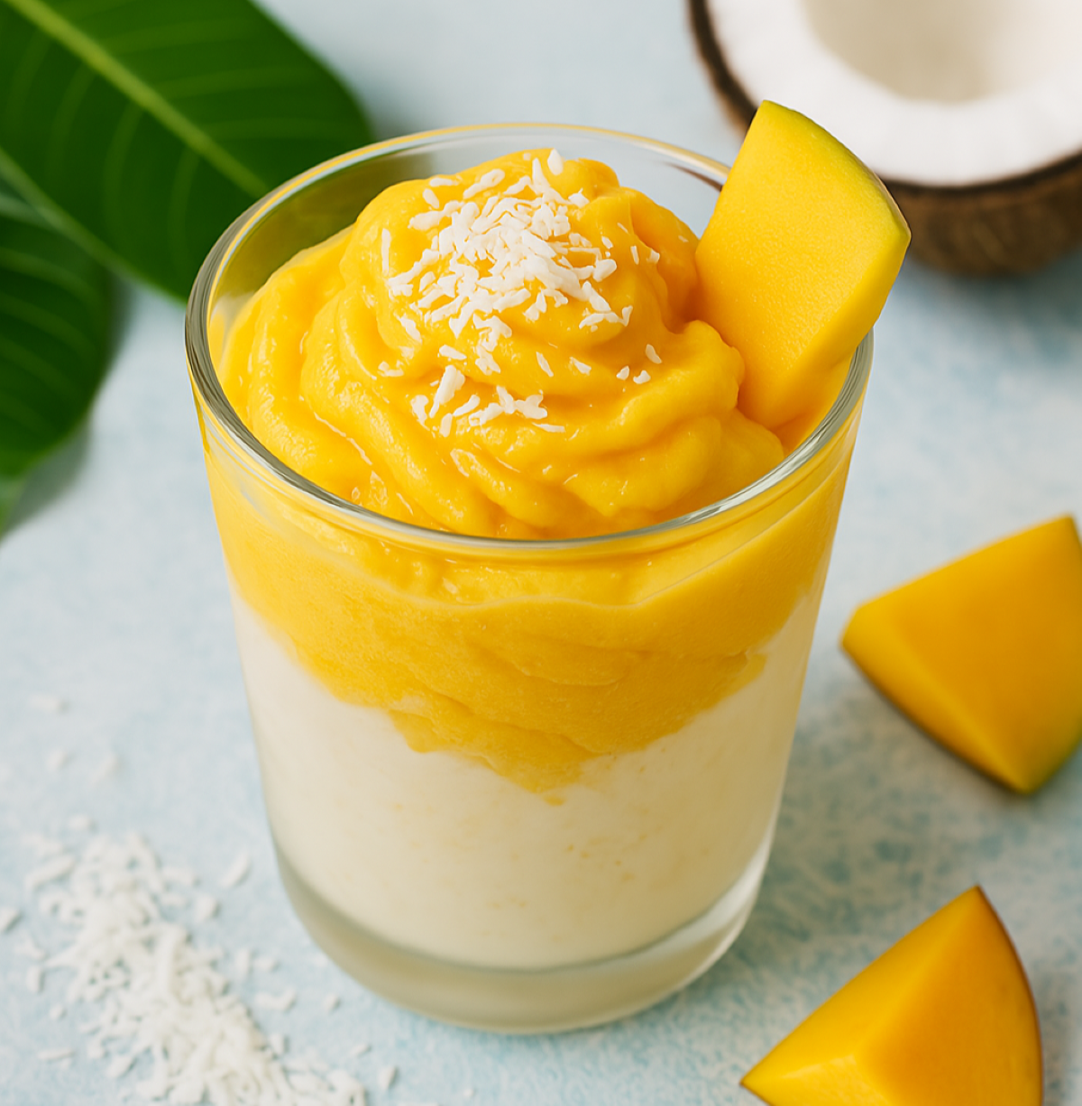 U središtu slike nalazi se osvježavajuća kugla sladoleda u egzotičnim nijansama narančaste i bijele boje, predstavljajući mango i kokos u čaši. Sladoled je poslužen u kokosovoj ljusci, koja dodaje autentičan tropski ugođaj. Oko sladoleda su raspoređeni komadići svježeg manga, listovi mente i kapljice kokosa, a pozadina je svijetla i ljetna.