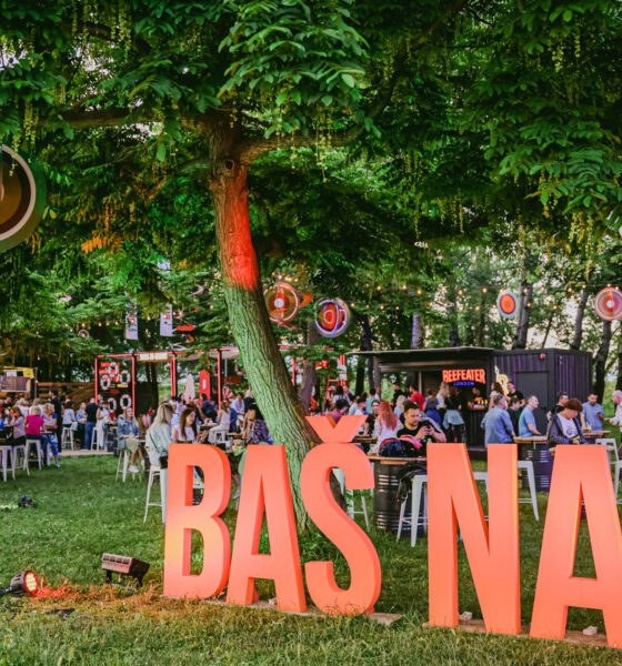 Posjetitelji na otvorenom festivalu Baš Naš, okruženi zelenilom, štandovima i festivalskim dekoracijama.