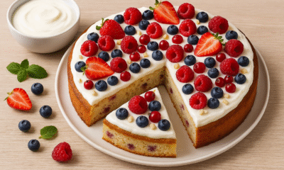 Fotografija prikazuje savršeno ukusan brzi i zdravi kolač od jogurta i voća. Na bijelom keramičkom tanjuru, kolač je narezan na osam komada, s jednim komadom lagano odvojenim kako bi se vidjela sočna unutrašnjost s komadićima pečenog voća. Na vrhu je sloj glatkog jogurta, ukrašen svježim bobičastim voćem: jagodama, malinama, borovnicama i ribizlom, uz posipane sjeckane bademe i listiće mente. Savršena inspiracija za zdrav desert koji izgleda jednako dobro kao što i miriše.