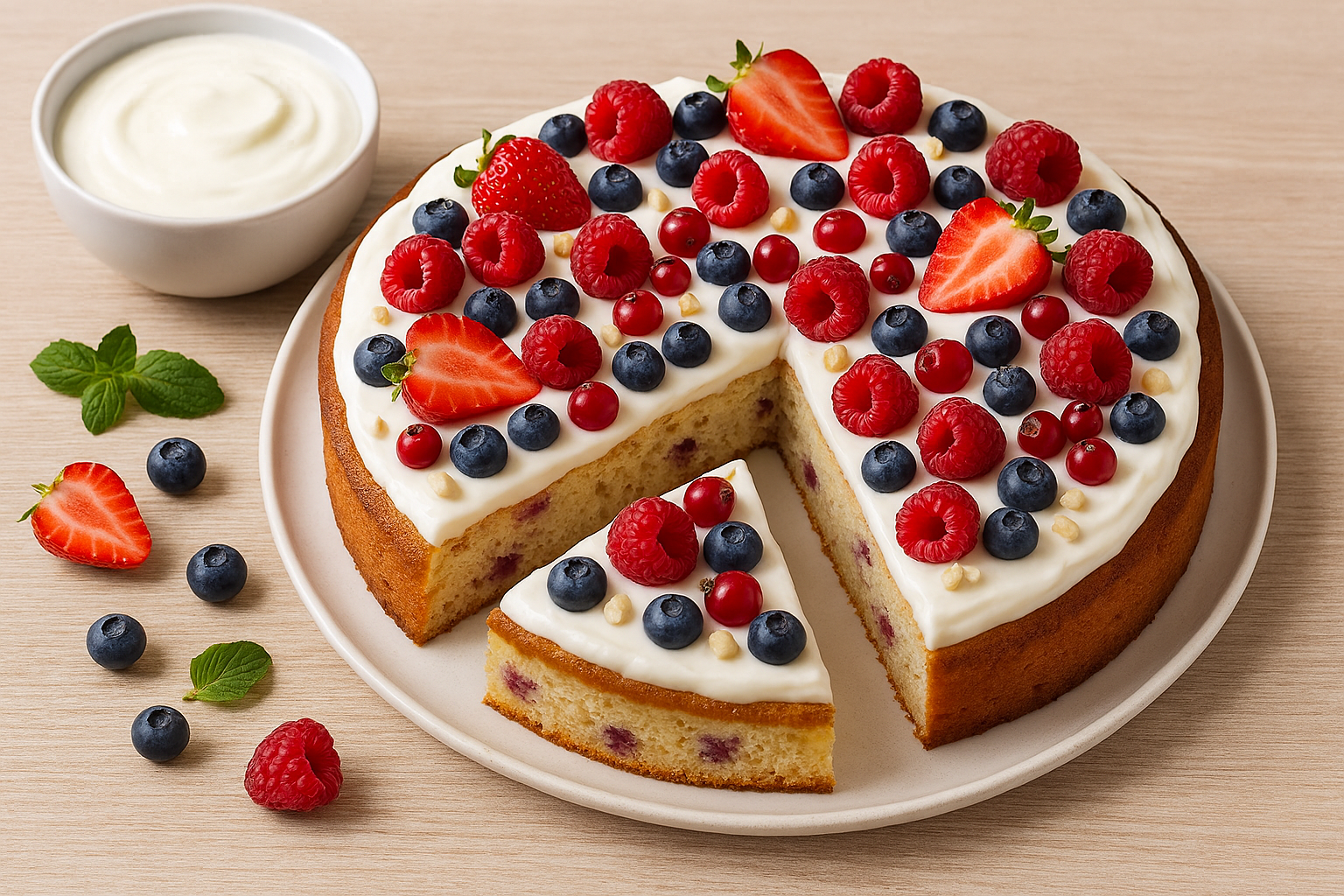 Fotografija prikazuje savršeno ukusan brzi i zdravi kolač od jogurta i voća. Na bijelom keramičkom tanjuru, kolač je narezan na osam komada, s jednim komadom lagano odvojenim kako bi se vidjela sočna unutrašnjost s komadićima pečenog voća. Na vrhu je sloj glatkog jogurta, ukrašen svježim bobičastim voćem: jagodama, malinama, borovnicama i ribizlom, uz posipane sjeckane bademe i listiće mente. Savršena inspiracija za zdrav desert koji izgleda jednako dobro kao što i miriše.