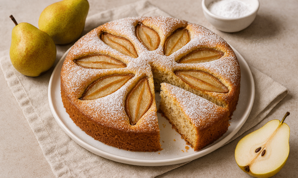 Na slici se nalazi prekrasno prezentiran kolač s kruškama, savršeno pečen do zlatno-smeđe boje. Kolač je okruglog oblika, narezan na osam jednakih komada, a po vrhu su raspoređene kriške krušaka u radijalnom uzorku — poput latica koje se šire od središta prema rubovima. Kriške krušaka su lagano karamelizirane, s tamnijim rubovima, što daje toplinu i rustikalni izgled. Površina kolača posuta je šećerom u prahu, koji se nježno ističe na zlatnoj korici. Jedan komad kolača je lagano odvojen, otkrivajući mekanu, prozračnu unutrašnjost s vidljivim mrvicama začina — vjerojatno cimetom. Kolač je poslužen na bijelom tanjuru s blago podignutim rubom, koji stoji na svijetloj lanenoj krpi s nježnim naborima. U blizini se nalaze dvije svježe kruške s glatkom kožom u nijansama zelene, žute i smećkaste, kao i mala zdjelica s dodatnim šećerom u prahu. U kutu je i polovica kruške, položena s prerezanom stranom prema gore, otkrivajući svijetlu, sočnu unutrašnjost i tamnu sjemenku.