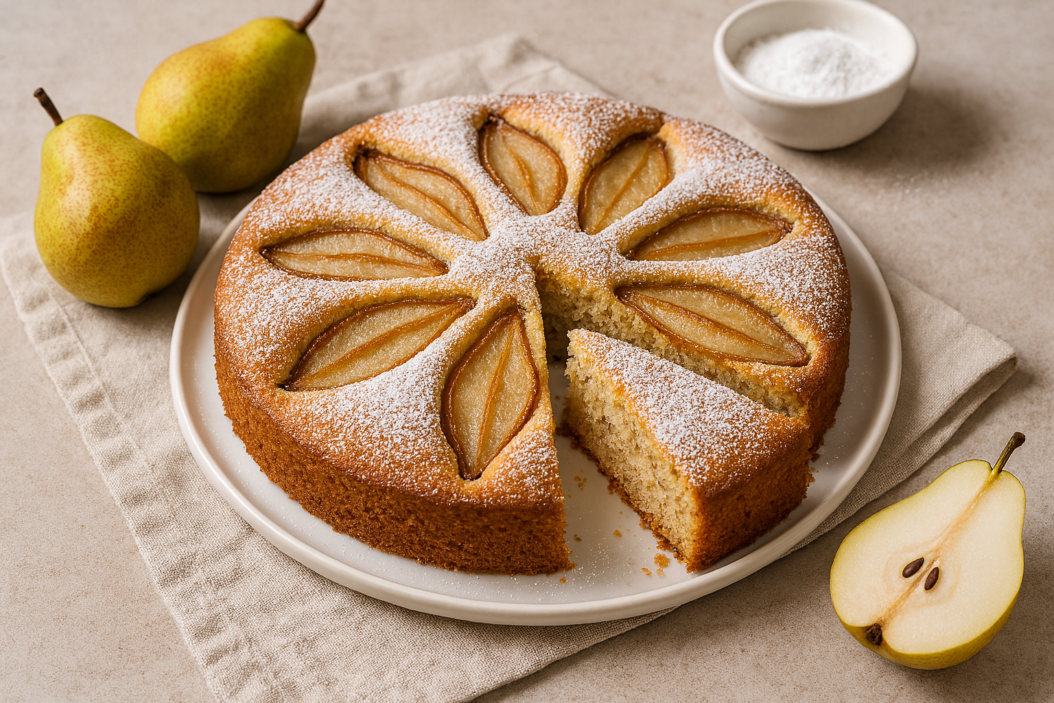 Na slici se nalazi prekrasno prezentiran kolač s kruškama, savršeno pečen do zlatno-smeđe boje. Kolač je okruglog oblika, narezan na osam jednakih komada, a po vrhu su raspoređene kriške krušaka u radijalnom uzorku — poput latica koje se šire od središta prema rubovima. Kriške krušaka su lagano karamelizirane, s tamnijim rubovima, što daje toplinu i rustikalni izgled. Površina kolača posuta je šećerom u prahu, koji se nježno ističe na zlatnoj korici. Jedan komad kolača je lagano odvojen, otkrivajući mekanu, prozračnu unutrašnjost s vidljivim mrvicama začina — vjerojatno cimetom. Kolač je poslužen na bijelom tanjuru s blago podignutim rubom, koji stoji na svijetloj lanenoj krpi s nježnim naborima. U blizini se nalaze dvije svježe kruške s glatkom kožom u nijansama zelene, žute i smećkaste, kao i mala zdjelica s dodatnim šećerom u prahu. U kutu je i polovica kruške, položena s prerezanom stranom prema gore, otkrivajući svijetlu, sočnu unutrašnjost i tamnu sjemenku.