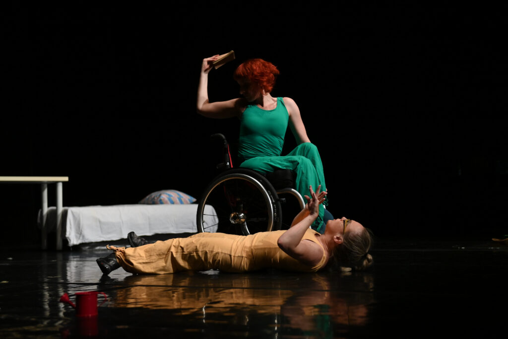 Žena s crvenom kosom u zelenom kostimu sjedi u invalidskim kolicima i drži podignut predmet iznad glave, dok plesačica u narančastom kostimu leži na podu i pruža ruke prema njoj. U pozadini su krevet i stol, a u prvom planu crvena zalijevača.