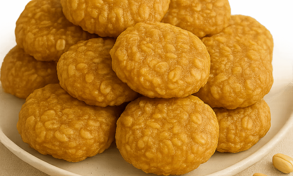 Na fotografiji se vidi tanjur pun brzih kolačića od kikiriki maslaca bez pečenja. Kolačići su zlatno-smeđe boje, okruglog oblika, s izraženom teksturom koja podsjeća na zobene pahuljice. Na tanjuru ih je naslagano desetak, dok je jedan kolačić izdvojen i postavljen ispred tanjura na stolu. Uz njega se nalaze nekoliko zobenih pahuljica i cijela zrna zobi, što dodatno naglašava sastojke kolačića. Sve skupa izgleda jako primamljivo i domaće — prava mala poslastica!