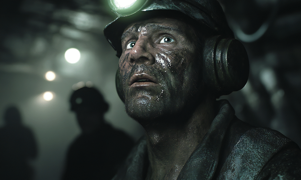 Na fotografiji je prikazan radnik u rudniku. U prvom planu se nalazi osoba odjevena u kompletnu rudarsku opremu — uključujući zaštitnu kacigu s lampom, reflektirajući prsluk, slušalice za zaštitu sluha i radne rukavice. Izrazito tamna i maglovita pozadina daje dojam teških uvjeta rada, dok nekoliko svjetala u daljini djelomično osvjetljava prostor. U pozadini se naziru siluete drugih radnika, što sugerira da je riječ o aktivnom radilištu. Atmosfera fotografije je ozbiljna, dokumentarna, i naglašava zahtjevnost rudarskog posla te važnost sigurnosne opreme.