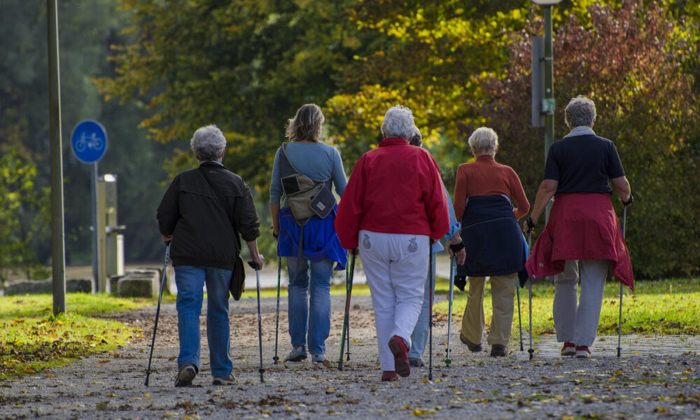 Grupa starijih osoba snimljena s leđa hoda parkom uz pomoć štapova za nordijsko hodanje. Staza je okružena zelenilom i drvećem u jesenjem ruhu.