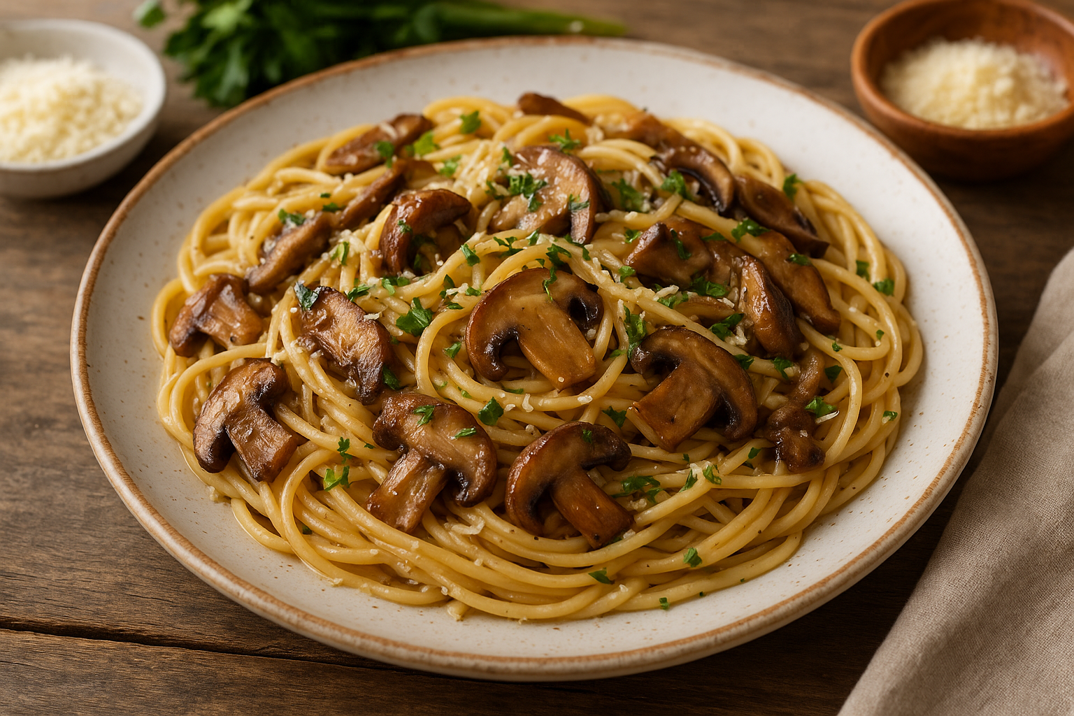 Na drvenoj površini nalazi se keramički tanjur sa špagetima, bogato prelivenim sotiranim gljivama i posutim svježim, nasjeckanim peršinom. Gljive imaju sjajnu teksturu, što sugerira da su pirjane na maslacu ili ulju, a njihova zlatnosmeđa boja dodaje dubinu i toplinu jelu. U pozadini se nalaze male zdjelice s ribanim sirom i dodatnim peršinom – diskretni detalji koji upućuju na mogućnost personalizacije okusa.