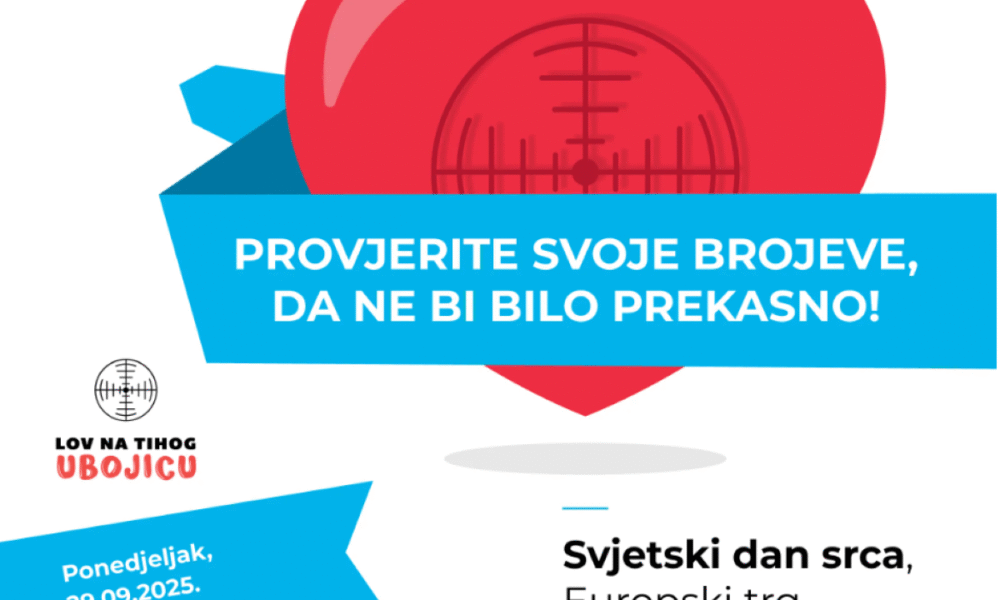 Na plakatu dominira velika crvena ilustracija srca s križem u sredini, nalik nišanu, što simbolizira usmjerenost na zdravlje srca i potrebu za praćenjem vitalnih pokazatelja. Ispod srca nalazi se plavi banner s bijelim tekstom: „PROVJERITE SVOJE BROJEVE, DA NE BI BILO PREKASNO!” Poruka je snažna i upozorava na važnost redovitih zdravstvenih kontrola. Logo s nišanom i tekstom „LOV NA TIHOG UBOJICU” – referenca na visoki krvni tlak i druge tihe prijetnje zdravlju srca. Ispod loga je plavi okvir s informacijom o datumu i vremenu događanja