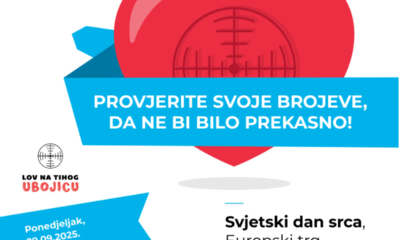 Na plakatu dominira velika crvena ilustracija srca s križem u sredini, nalik nišanu, što simbolizira usmjerenost na zdravlje srca i potrebu za praćenjem vitalnih pokazatelja. Ispod srca nalazi se plavi banner s bijelim tekstom: „PROVJERITE SVOJE BROJEVE, DA NE BI BILO PREKASNO!” Poruka je snažna i upozorava na važnost redovitih zdravstvenih kontrola. Logo s nišanom i tekstom „LOV NA TIHOG UBOJICU” – referenca na visoki krvni tlak i druge tihe prijetnje zdravlju srca. Ispod loga je plavi okvir s informacijom o datumu i vremenu događanja