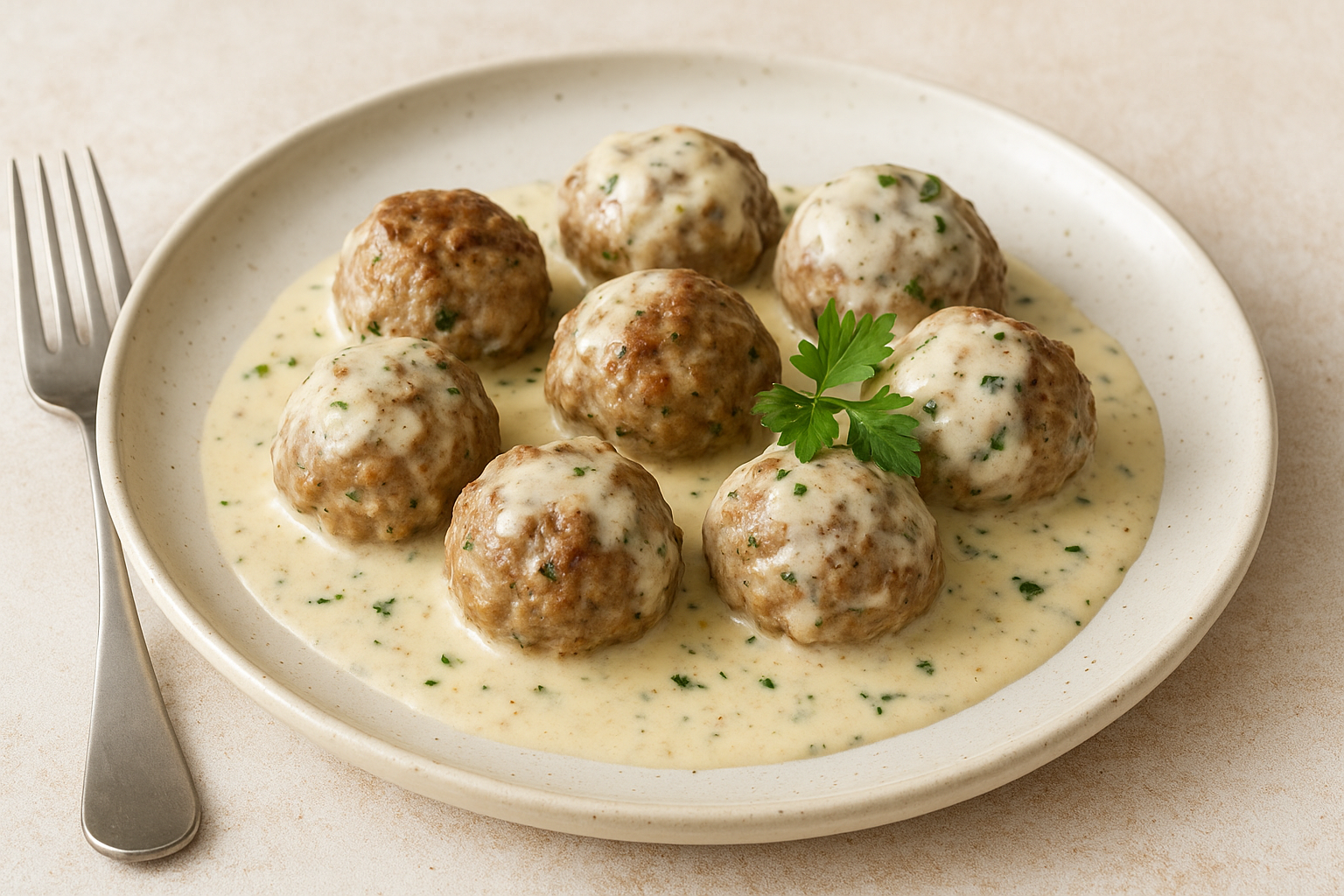 Na fotografiji je prikazano jelo s nekoliko mesnih okruglica prekrivenih kremastim bijelim umakom s vidljivim zelenim začinskim dodacima. Čufte su poslužene na svijetlom, keramičkom tanjuru, a umak ih gotovo potpuno obavija. Na sredini jela nalazi se grančica svježeg peršina kao ukras. Pored tanjura nalazi se vilica, a cijela scena je snimljena na svijetloj podlozi koja naglašava tople tonove jela.