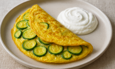 Na slici je sočan omlet s tankim kolutovima tikvica. Omlet je zlatnožute boje, mekan i lagano zapečen po površini, preklopljen na tanjuru. Pokraj njega nalazi se kremasti bijeli jogurt poslužen u obliku guste žlice, uredno oblikovan u spiralu. Sve je posluženo na jednostavnom keramičkom tanjuru neutralne boje, a podloga je bež platno koje daje prirodan i topao dojam.