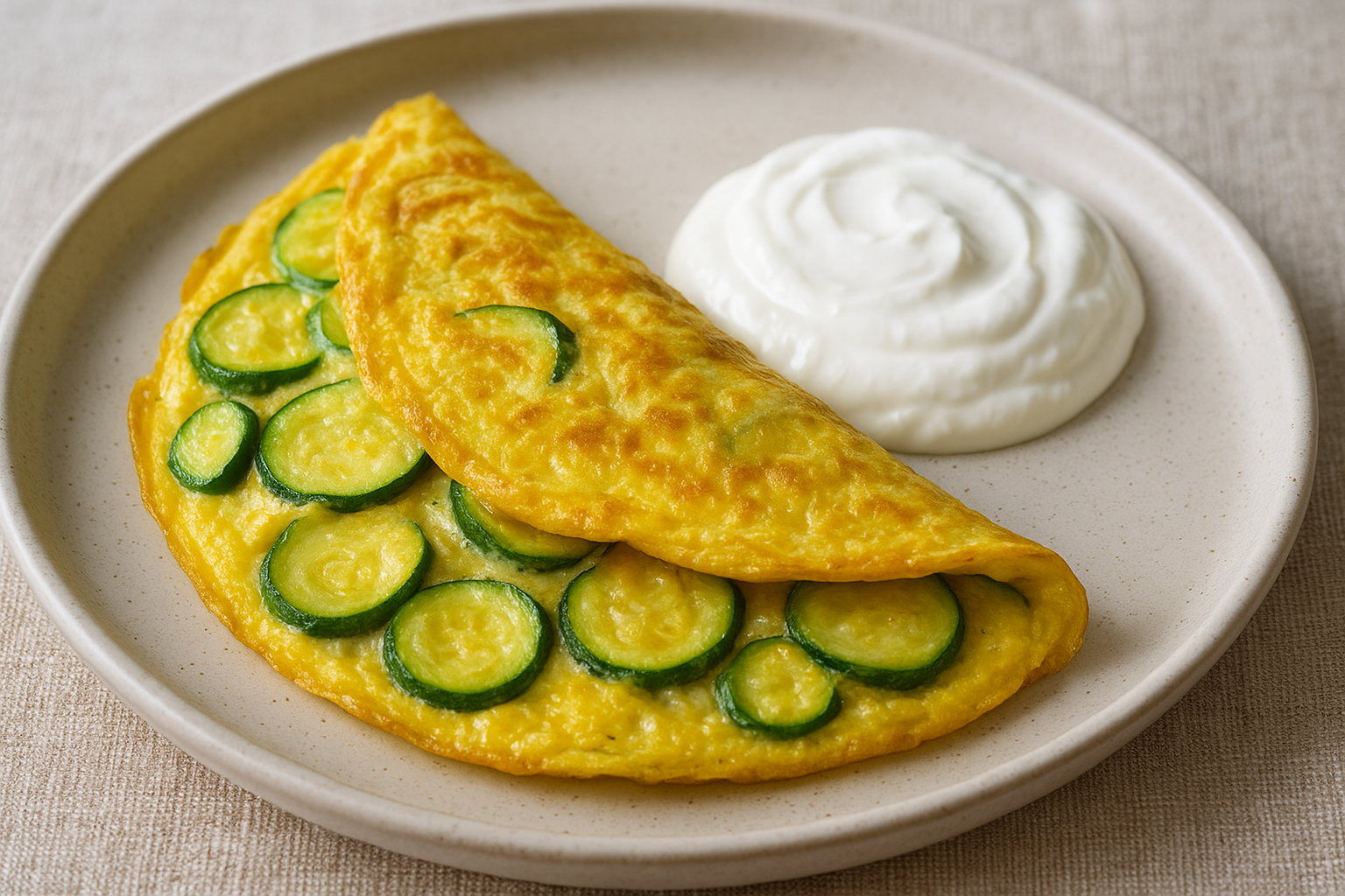 Na slici je sočan omlet s tankim kolutovima tikvica. Omlet je zlatnožute boje, mekan i lagano zapečen po površini, preklopljen na tanjuru. Pokraj njega nalazi se kremasti bijeli jogurt poslužen u obliku guste žlice, uredno oblikovan u spiralu. Sve je posluženo na jednostavnom keramičkom tanjuru neutralne boje, a podloga je bež platno koje daje prirodan i topao dojam.