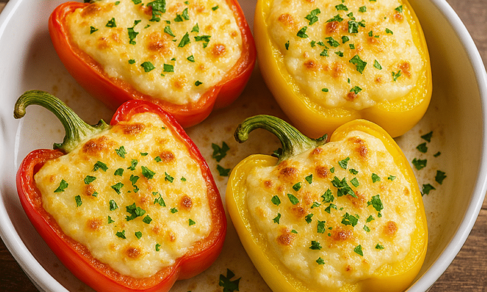 Fotografija prikazuje četiri punjene paprike — dvije crvene i dvije žute — smještene u bijeloj keramičkoj posudi za pečenje. Paprike su prerezane po dužini, s vidljivim zelenim peteljkama, i punjene kremastom smjesom od sira koja se zlatno zapeče na vrhu. Površina nadjeva ima lagano tamnije mrlje od pečenja, a preko svega je posut svježe sjeckani peršin koji dodaje svježinu i boju.