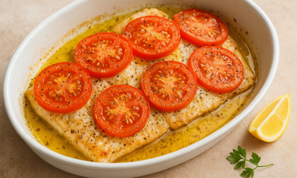 Na slici se vidi bijela keramička posuda u kojoj su pečeni fileti ribe prekriveni ploškama svježe rajčice. Jelo je preliveno maslinovim uljem i začinima, a rajčice su lagano zapečene i posute paprom i origanom. Uz posudu se nalazi kriška limuna i grančica svježeg peršina, što jelu daje svjež i mediteranski dojam.