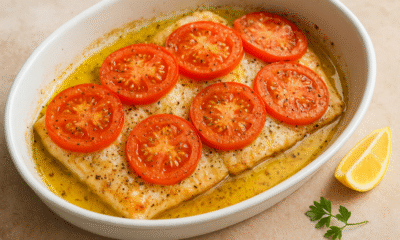 Na slici se vidi bijela keramička posuda u kojoj su pečeni fileti ribe prekriveni ploškama svježe rajčice. Jelo je preliveno maslinovim uljem i začinima, a rajčice su lagano zapečene i posute paprom i origanom. Uz posudu se nalazi kriška limuna i grančica svježeg peršina, što jelu daje svjež i mediteranski dojam.