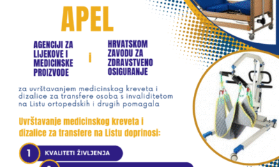 Na fotografiji se nalazi javni apel Društva distrofičara Hrvatske, upućen dvjema institucijama: Agenciji za lijekove i medicinske proizvode te Hrvatskom zavodu za zdravstveno osiguranje. Cilj apela je da se medicinski kreveti i dizalice za transfere osoba s invaliditetom uvrste na službenu Listu ortopedskih i drugih pomagala. Na slici su prikazani: • Logo Društva distrofičara Hrvatske • Fotografije medicinskog kreveta i dizalice za prijenos osoba • Istaknuti tekst koji naglašava da bi uvrštavanje tih pomagala značajno doprinijelo: 1. Kvaliteti življenja 2. Mobilnosti osoba s invaliditetom 3. Životnom standardu osoba s invaliditetom Poruka je jasna i snažna – radi se o borbi za osnovna prava i dostojanstvo osoba s invaliditetom.