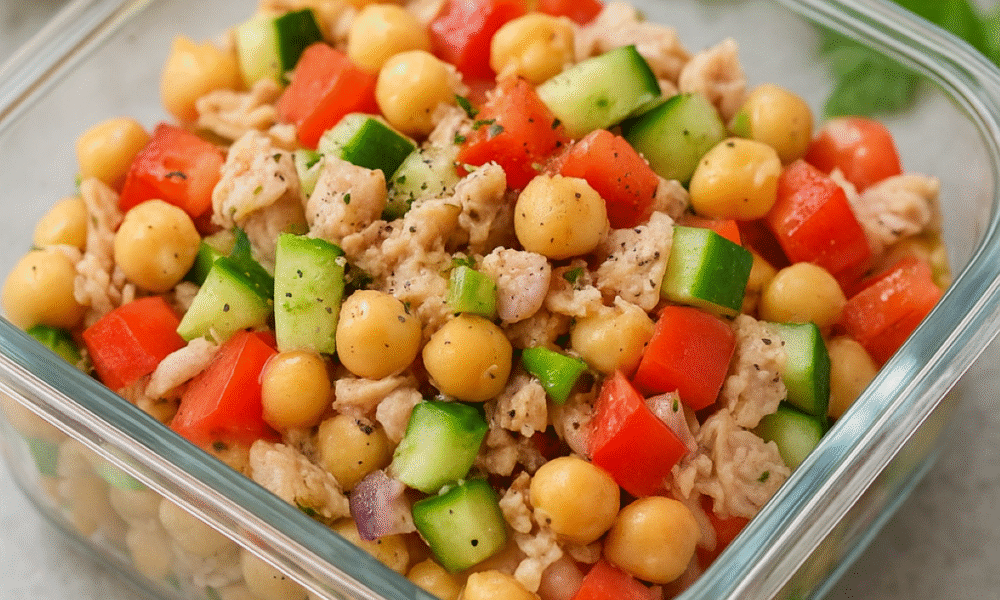 Na fotografiji se vidi staklena posuda s poklopcem u kojoj je pripremljena salata od slanutka i tune. U salati se jasno ističu zrnca slanutka, komadići tune, kockice crvene paprike i krastavca, a začinjena je paprom i prelivena laganim dresingom. Posuda je smještena na svijetloj površini, uz koju se nalaze kriška limuna, grančice peršina i bilježnica, što fotografiji daje dojam praktičnog obroka spremnog za ponijeti na posao.