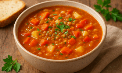 Juha je gusta i bogata, s toplim narančasto-crvenim temeljcem u kojem se jasno vide kockice mrkve, krumpira i crvene paprike. Leća daje juhi puninu i blago zrnatu teksturu, dok svježi peršin na vrhu unosi svježinu i boju. Poslužena je u rustikalnoj zdjeli, uz krišku kruha, što jelo čini domaćim i zasitnim.