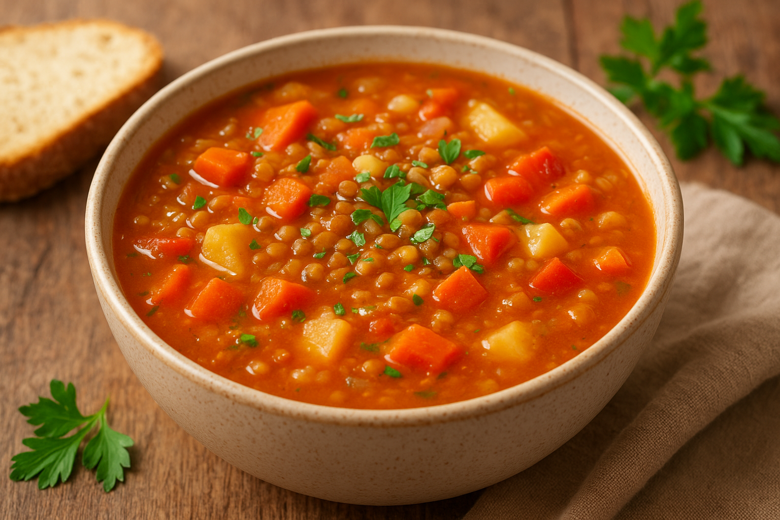 Juha je gusta i bogata, s toplim narančasto-crvenim temeljcem u kojem se jasno vide kockice mrkve, krumpira i crvene paprike. Leća daje juhi puninu i blago zrnatu teksturu, dok svježi peršin na vrhu unosi svježinu i boju. Poslužena je u rustikalnoj zdjeli, uz krišku kruha, što jelo čini domaćim i zasitnim.