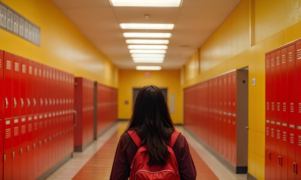 Na fotografiji se vidi osoba s dugom tamnom kosom koja nosi crveni ruksak i tamnocrvenu jaknu. Hoda niz svijetli školski hodnik. Hodnik je simetričan, s crvenim ormarićima s obje strane i žutim zidovima iznad njih. Strop je osvijetljen nizom pravokutnih fluorescentnih svjetala, a pod je prekriven pločicama u uzorku crvene i bijele boje. Perspektiva je snimljena s leđa osobe, što dodatno naglašava dubinu i simetriju prostora.