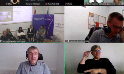 Radi se o snimci zaslona virtualnog sastanka ili webinara održanog putem platforme za videokonferencije. Slika je podijeljena u šest dijelova, od kojih svaki prikazuje različitog sudionika ili grupu sudionika