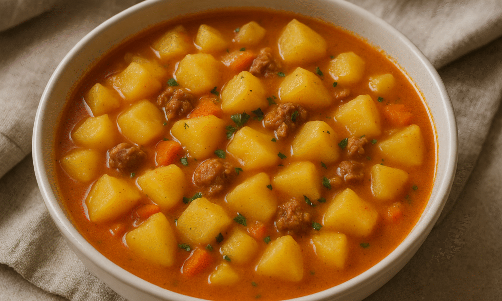 Na fotografiji se nalazi zdjela puna ukusnog krumpir gulaša. U jelu se jasno vide komadi krumpira narezani na kockice, komadići mesa i mrkve, sve uronjeno u bogati crvenkasto-narančasti umak. Na vrhu su posuti sitno nasjeckani listići peršina koji daju svježinu i dodatnu boju. Jelo izgleda gusto, toplo i zasitno, a način posluživanja u bijeloj zdjeli na svijetloj podlozi naglašava domaći i rustikalni dojam.