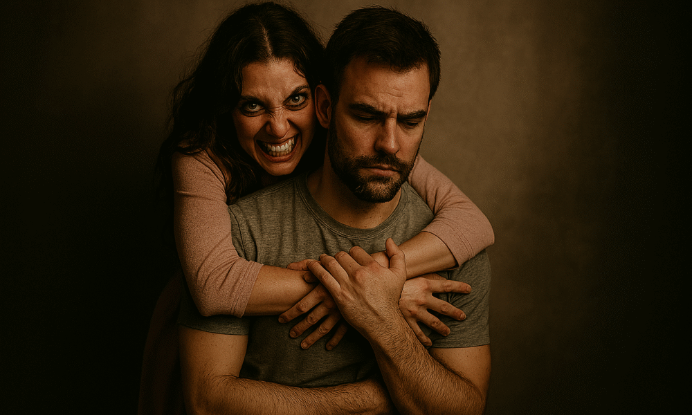 Fotografija prikazuje par u dramatičnom, emocionalno nabijenom zagrljaju. Žena stoji iza muškarca, obavijajući ga rukama oko prsa, dok on sjedi ukočeno, s rukama prekriženim preko vlastitog tijela. Fotografija snažno dočarava dinamiku opsesivne ljubavi—mješavinu privrženosti, kontrole i nelagode. Ženin izraz sugerira intenzivnu potrebu za blizinom, dok muškarčev stav odaje otpor i unutarnji konflikt.