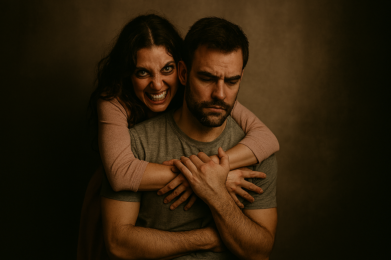 Fotografija prikazuje par u dramatičnom, emocionalno nabijenom zagrljaju. Žena stoji iza muškarca, obavijajući ga rukama oko prsa, dok on sjedi ukočeno, s rukama prekriženim preko vlastitog tijela. Fotografija snažno dočarava dinamiku opsesivne ljubavi—mješavinu privrženosti, kontrole i nelagode. Ženin izraz sugerira intenzivnu potrebu za blizinom, dok muškarčev stav odaje otpor i unutarnji konflikt.