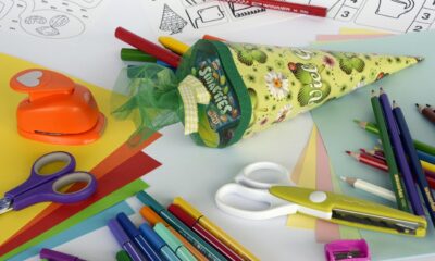 Na fotografiji se nalazi šaren i razigran prikaz školskog pribora i materijala za kreativne aktivnosti, pažljivo raspoređen na ravnoj površini.