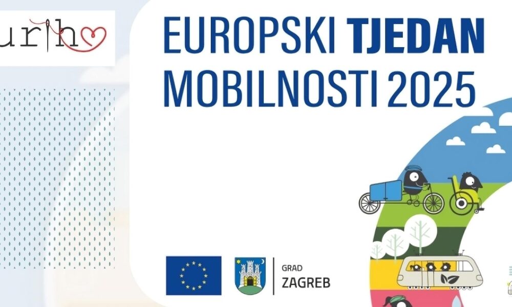 Plakat za Europski tjedan mobilnosti 2025. s logotipom URIHO-a, EU zastavom i grbom Grada Zagreba, uz ilustracije osoba na biciklu, u invalidskim kolicima, u tramvaju i automobilu.