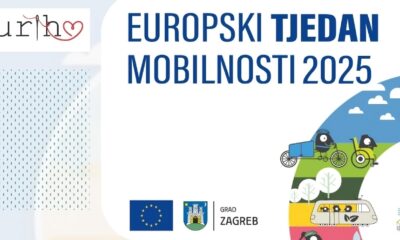 Plakat za Europski tjedan mobilnosti 2025. s logotipom URIHO-a, EU zastavom i grbom Grada Zagreba, uz ilustracije osoba na biciklu, u invalidskim kolicima, u tramvaju i automobilu.