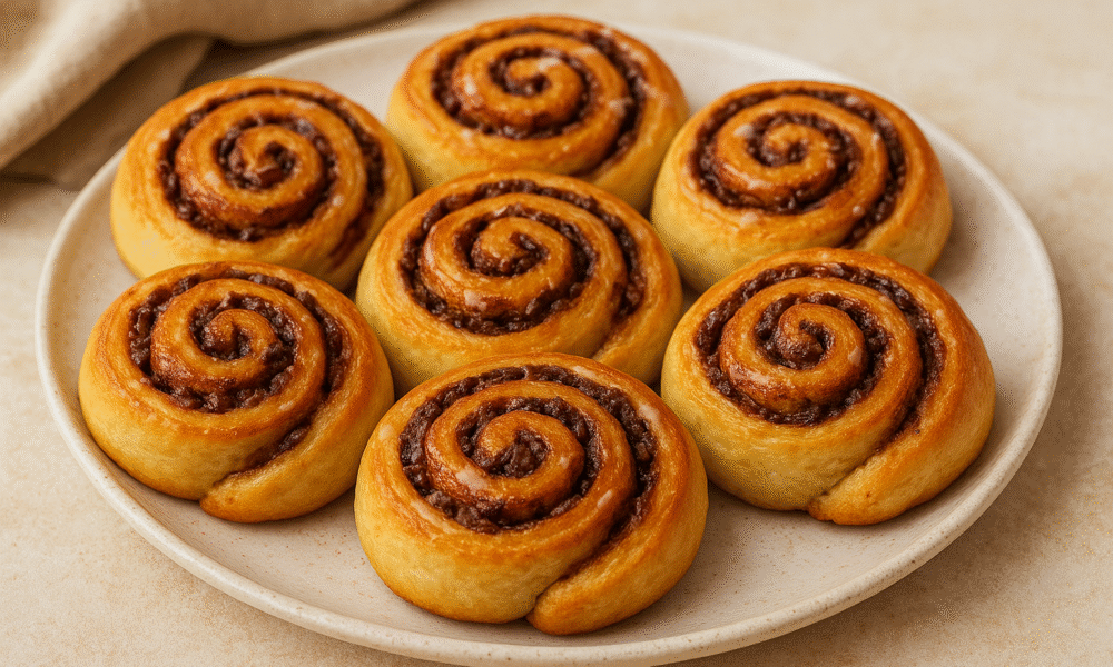 Na svijetlom tanjuru nalazi se sedam svježe pečenih cimet rolica, složenih u kružni uzorak poput cvijeta. Svaka rolica ima zlatno-smeđu koricu s jasno vidljivim spiralnim slojevima punjenja od cimeta. Površina im je sjajna, što sugerira da su prelivene glazurom ili šećernim sirupom, dajući im primamljiv, gotovo karameliziran izgled. Tanjur je postavljen na svijetlu podlogu, a u pozadini se nazire bež kuhinjska krpa, koja dodaje domaći, rustikalni ton kompoziciji. Cijela scena odiše toplinom i udobnošću, kao da poziva na zajedničko uživanje uz šalicu čaja ili kave.